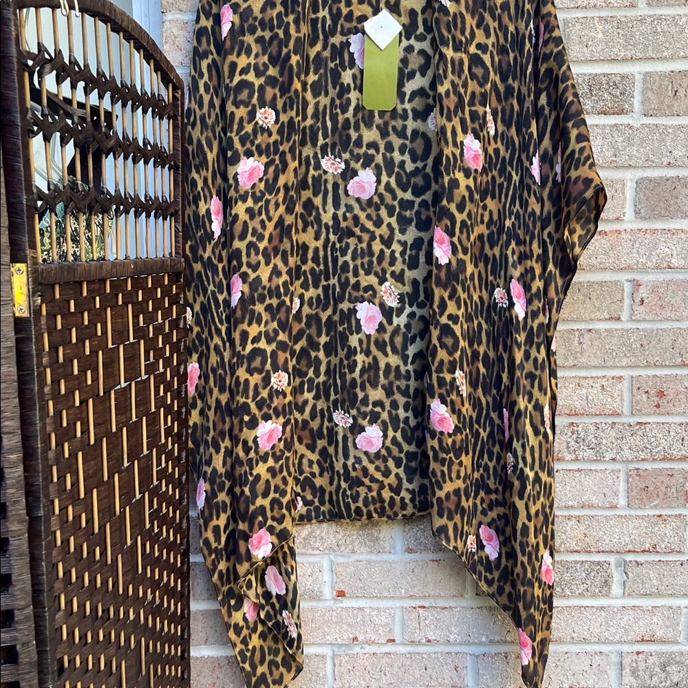 Nicole Miller Leopard Print Kimono with Pink Floral Accents